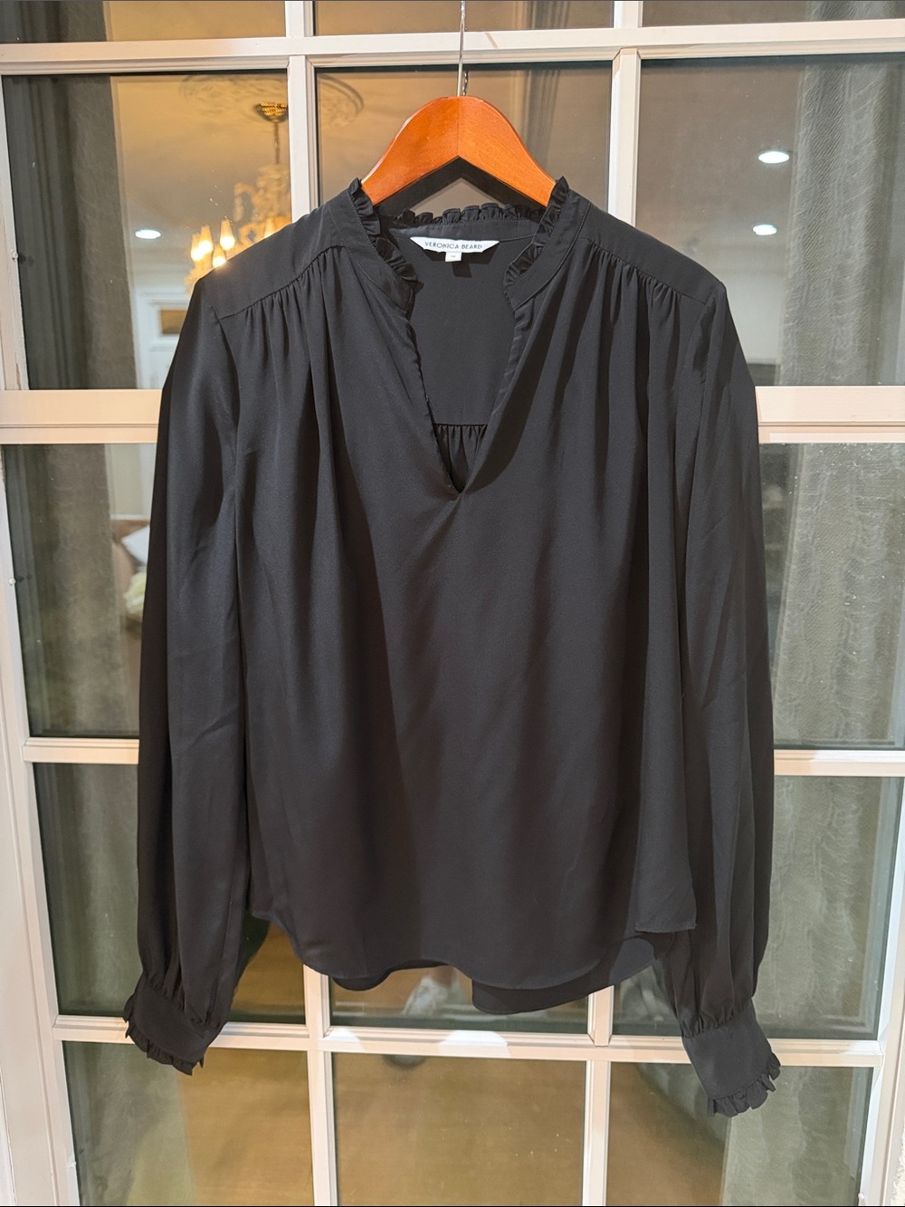 Veronica Beard Black Silk Ruffle Neck Louama Blouse Top Size 14 Romantic